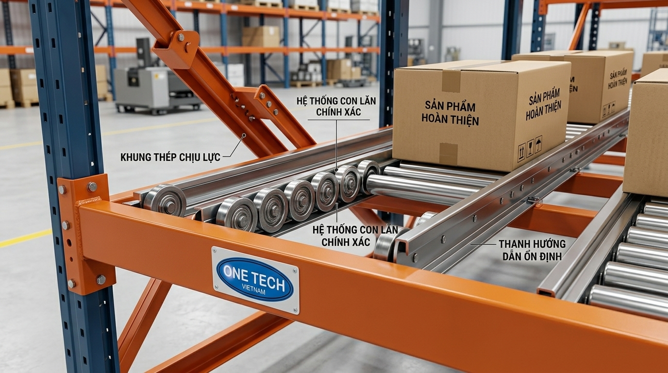 Cấu tạo kệ Flow racks Tây Ninh Cấu tạo kệ Flow racks Tây Ninh gồm khung thép con lăn và thanh dẫn hướng