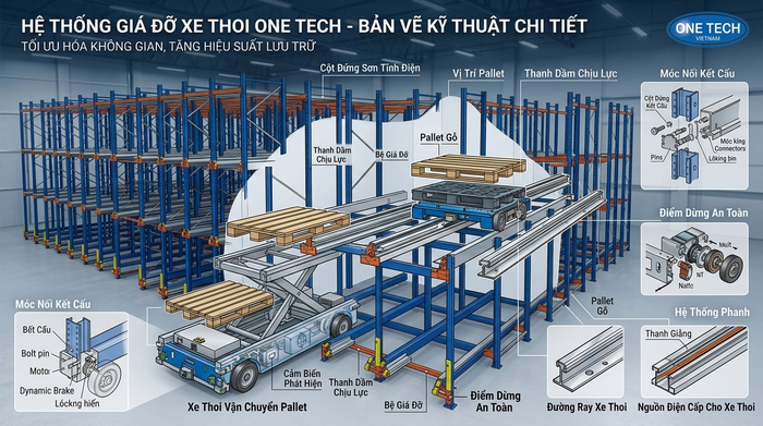 Cấu tạo kệ Radio Shuttle gồm khung kệ ray dẫn hướng và xe shuttle