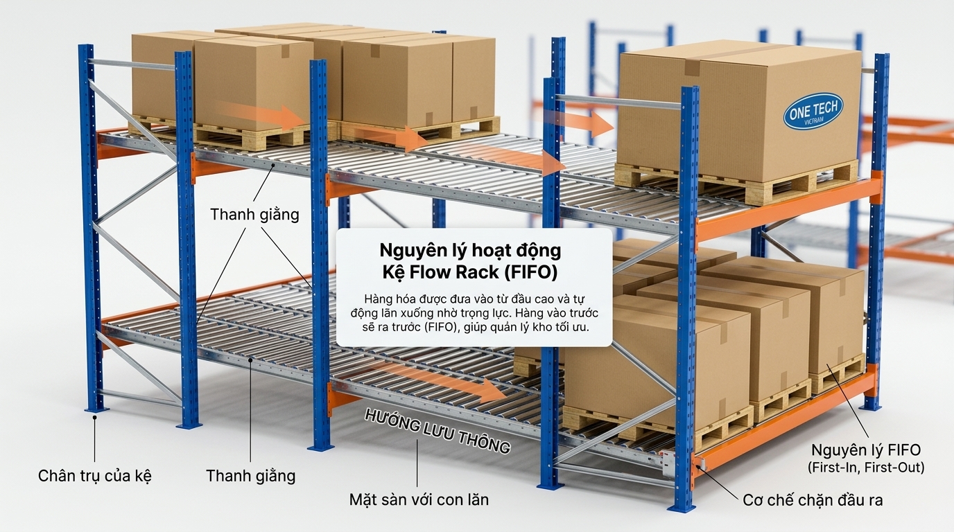 Nguyên lý hoạt động của kệ con lăn flowrack Nguyên lý hoạt động của kệ con lăn flowrack