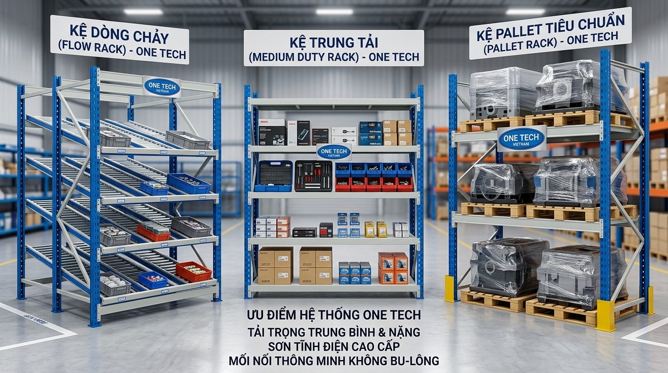 So sánh kệ flowrack kệ trung tải và kệ pallet thường So sánh kệ flowrack kệ trung tải và kệ pallet thường