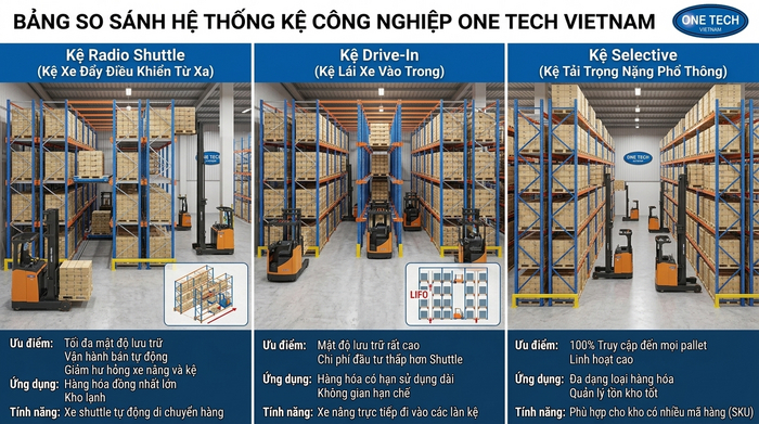 So sánh kệ Radio Shuttle với kệ Drive-In và kệ Selective
