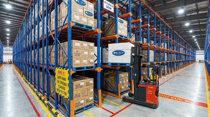 Xe nâng vận hành trong hệ thống kệ drive in
