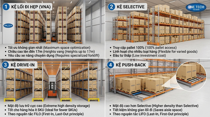 So sánh kệ Narrow Aisle với kệ Selective Drive In và Push Back