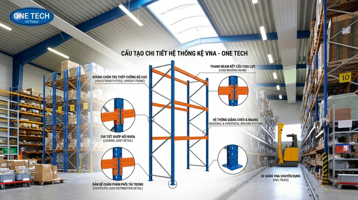 Cấu tạo kệ Narrow Aisle Tây Ninh gồm khung chân trụ beam và giằng