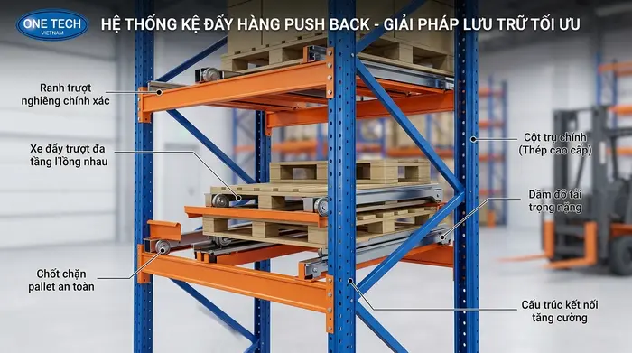 Cấu tạo kệ Push Back công nghiệp Tây Ninh Cấu tạo kệ đẩy lùi công nghiệp chịu tải cao tại Tây Ninh