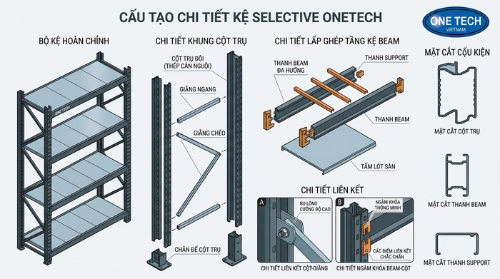 Cấu tạo kỹ thuật của kệ tải nặng Bản vẽ cấu tạo chi tiết các bộ phận của kệ Selective