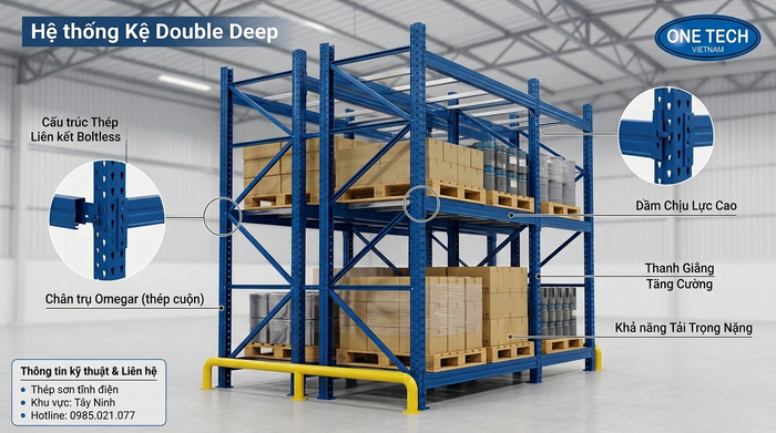 Chi tiết cấu tạo kệ Double Deep Tây Ninh Chi tiết cấu tạo kệ Double Deep Tây Ninh gồm chân trụ thanh beam và giằng