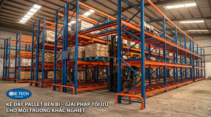 Kệ đẩy lùi chịu nhiệt cho kho mái tôn Tây Ninh Kệ đẩy lùi chịu nhiệt cho nhà kho mái tôn tại Tây Ninh