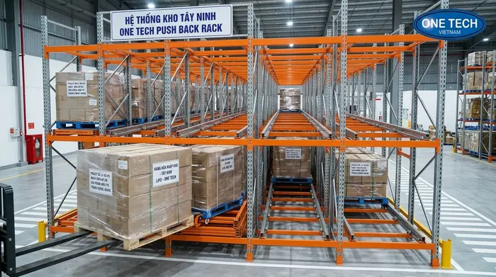 Nguyên lý hoạt động Kệ Push Back Tây Ninh Nguyên lý hoạt động của Kệ Push Back Tây Ninh trong kho pallet