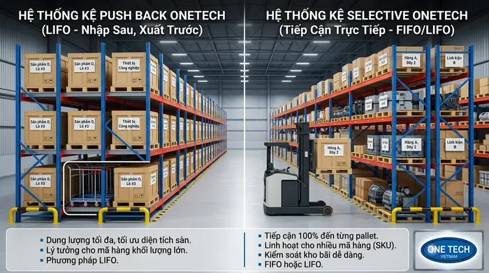 Kệ Push Back và Kệ Selective khác nhau Kệ Push Back và Kệ Selective khác nhau