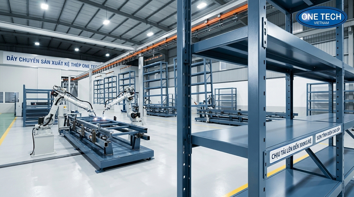 Dây chuyền sản xuất kệ sắt hiện đại tại nhà máy OneTech