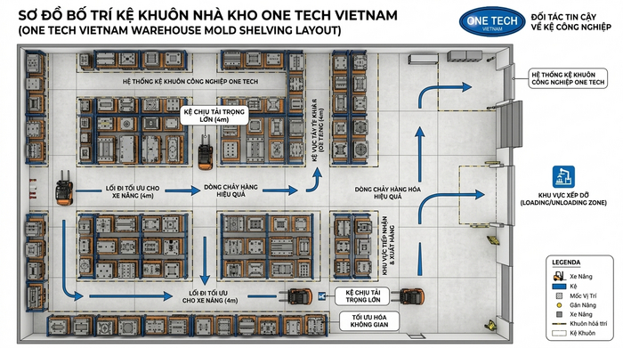 Sơ đồ bố trí Kệ Khuôn Tây Ninh tối ưu lối đi xe nâng