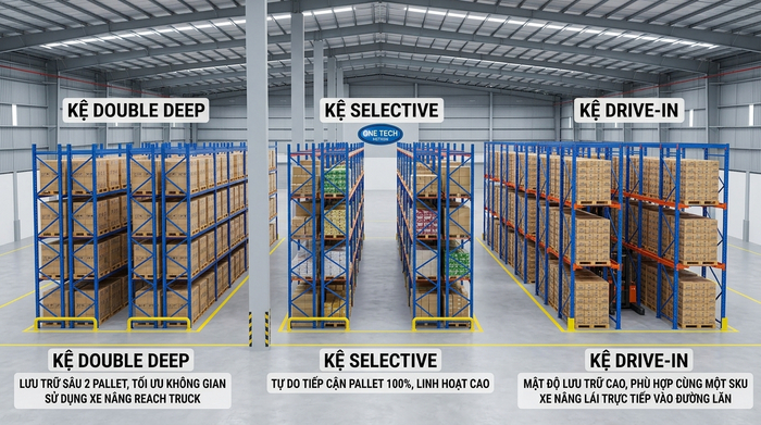 So sánh các hệ kệ pallet công nghiệp So sánh kệ Double Deep Selective và Drive In cho kho Tây Ninh