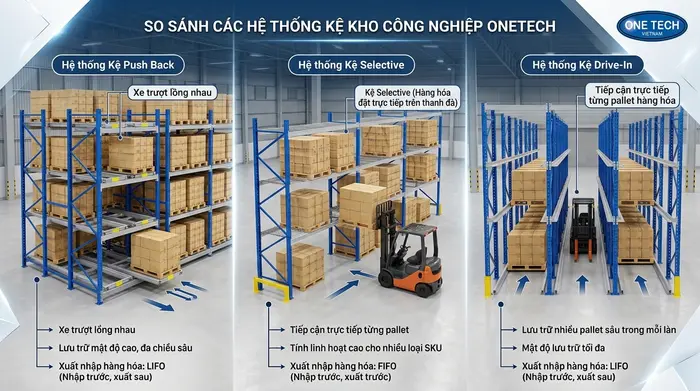 So sánh các loại kệ pallet tại Tây Ninh So sánh kệ Push Back Selective và Drive In cho kho hàng Tây Ninh