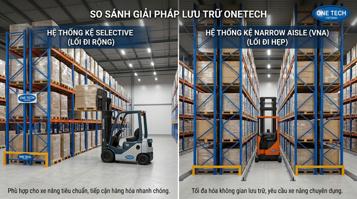 So sánh lối đi giữa kệ Selective tiêu chuẩn và kệ Narrow Aisle