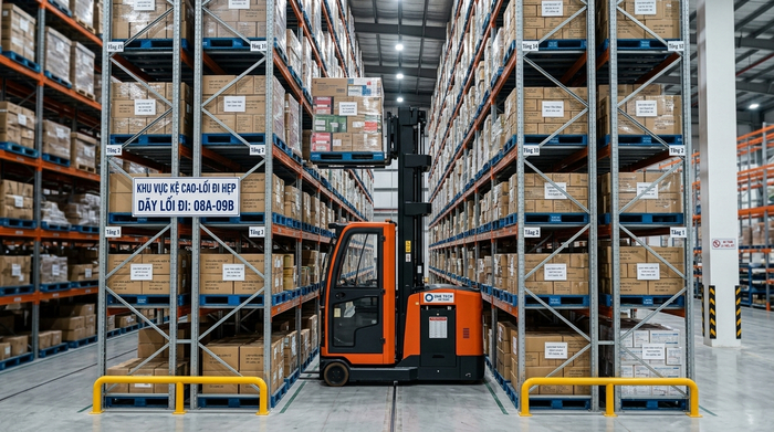 Xe nâng chuyên dụng vận hành trong hệ thống kệ Narrow Aisle