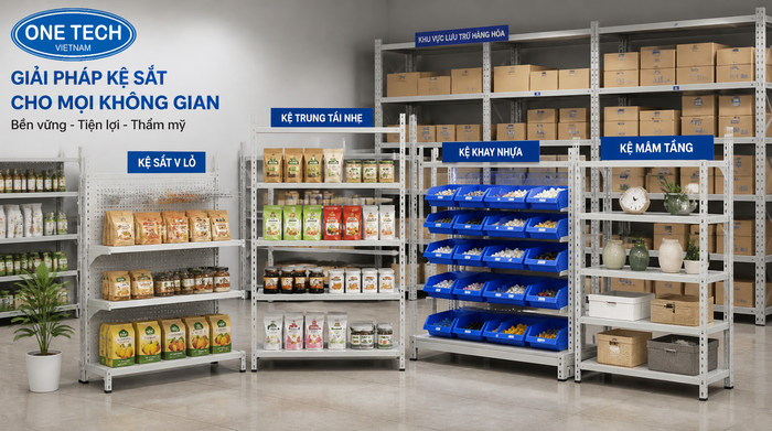 Các loại kệ tải trọng nhẹ Tây Ninh gồm kệ sắt V lỗ kệ trung tải nhẹ kệ khay nhựa và kệ mâm tầng