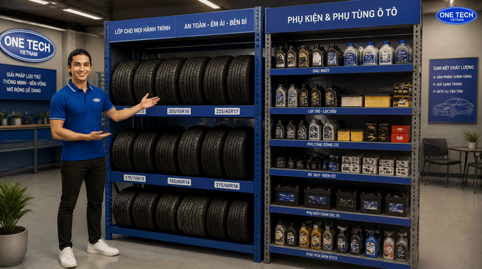 Kệ phụ tùng ô tô kết hợp kệ để lốp xe trong cửa hàng