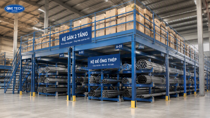 Kệ sàn kết hợp kệ để ống thép trong kho công nghiệp
