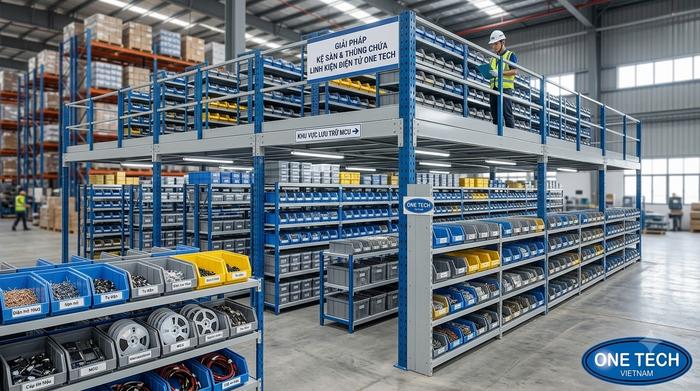 Kệ sàn và khay nhựa cho kho nhiều mã linh kiện Kệ sàn kết hợp khay nhựa lưu trữ linh kiện điện tử