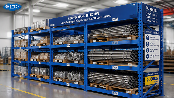 Kệ selective chứa bó ống thép và pallet vật tư