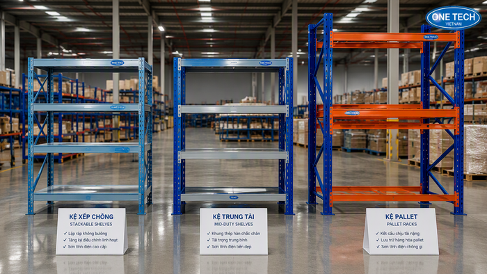 So sánh kệ xếp chồng Tây Ninh So sánh kệ xếp chồng với kệ trung tải và kệ pallet