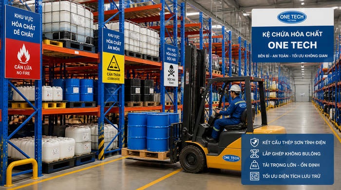 Xe nâng phù hợp với kệ kho hóa chất Tây Ninh Xe nâng vận hành trong hệ thống kệ kho hóa chất