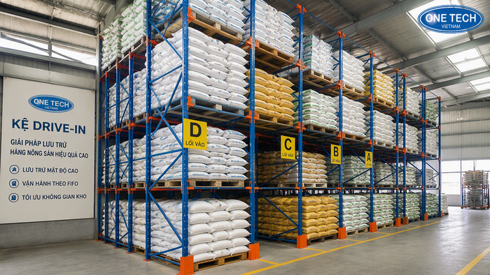 Kệ Drive In mật độ cao cho kho nông sản đóng pallet tại Tây Ninh