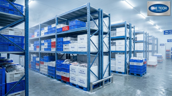 Kệ kho thủy hải sản Tây Ninh trong kho lạnh chứa thùng xốp và pallet