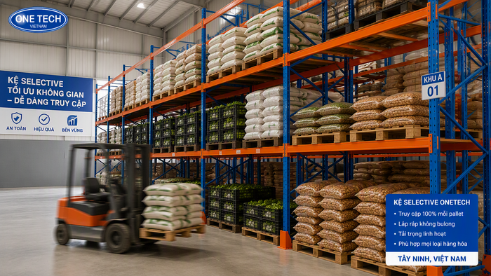 Kệ Selective trong kho nông sản Tây Ninh giúp xe nâng tiếp cận từng pallet