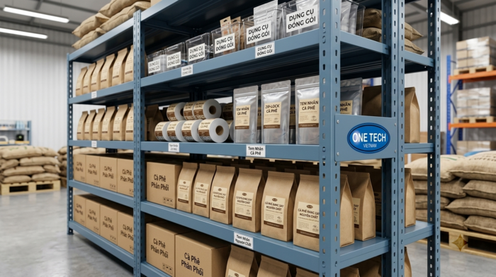 Kệ trung tải chứa bao bì và phụ kiện cho cà phê